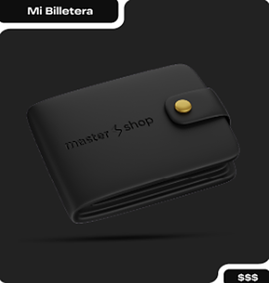 Billetera MasterShop: billetera negra con botón dorado y el recaudo de tus ventas, con las etiquetas Mi Billetera y dinero disponible